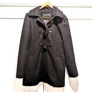 GUESS women's black wool blend toggle buttons hooded peacoat size medium